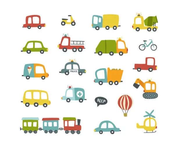 Vector illustration of Cute baby vehicles set. Collection of hand drawn vector cars. Bundle of doodle transport.