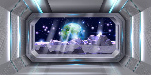 okno statku kosmicznego, widok kokpitu promu wektorowego, tło obcej planety, stacja statku kosmicznego gry. - wall corridor tunnel glass stock illustrations