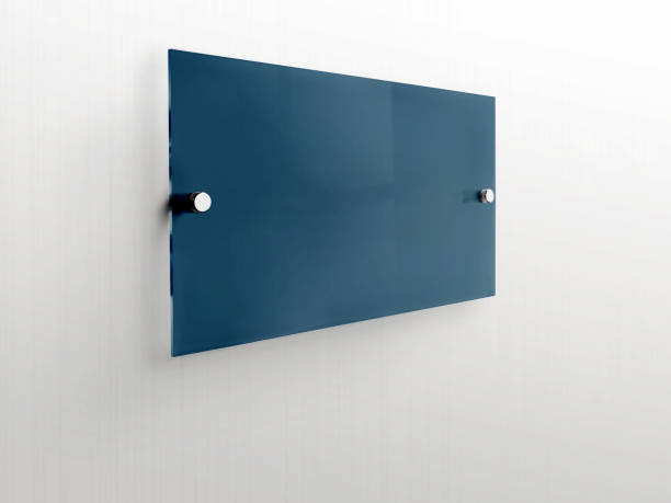 istock Blank dark blue rectangle Transparent glass office corporate Signage plate Mock Up Template, Clear Printing board for Branding, Logo. Acrylic advertising signboard mockup side view. 1368428009