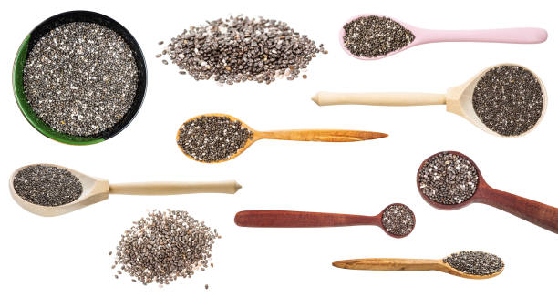 set of various chia seeds isolated on white set of various chia seeds isolated on white background food sample cups stock pictures, royalty-free photos & images