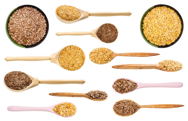 set of various flax seeds isolated on white background