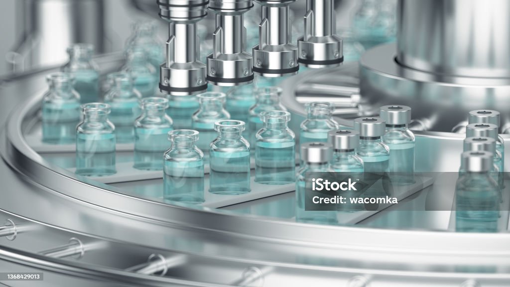 3d render. Pharmaceutical manufacture background with glass bottles with clear liquid on automatic conveyor line. COVID-19 mRNA vaccine production platform. Medicine Stock Photo