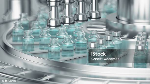 3d Render Pharmaceutical Manufacture Background With Glass Bottles With Clear Liquid On Automatic Conveyor Line Covid19 Mrna Vaccine Production Platform Stock Photo - Download Image Now