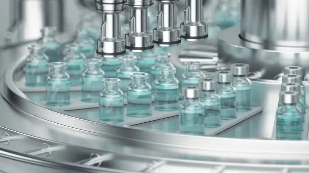 Photo of 3d render. Pharmaceutical manufacture background with glass bottles with clear liquid on automatic conveyor line. COVID-19 mRNA vaccine production platform.