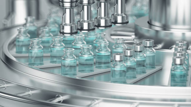 3d render. pharmaceutical manufacture background with glass bottles with clear liquid on automatic conveyor line. covid-19 mrna vaccine production platform. - läkemedel bildbanksfoton och bilder