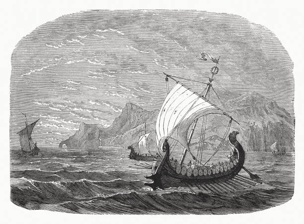 illustrations, cliparts, dessins animés et icônes de navires vikings dans le passé, gravure sur bois, publié en 1862 - galère