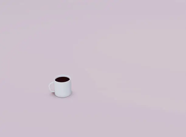 A 3D rendered illustration of a cup of coffee in a pink room.
