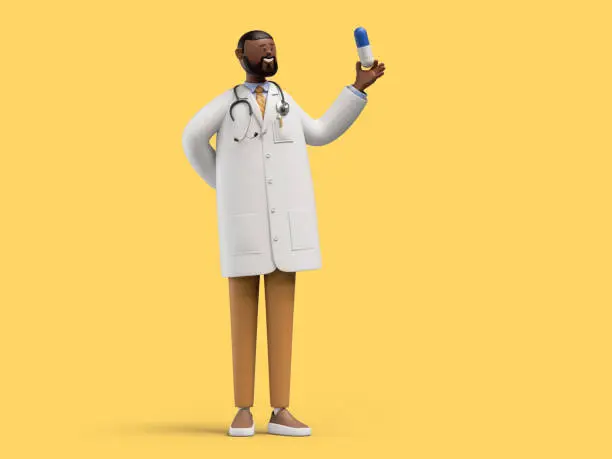 Photo of 3d render. African cartoon character doctor holds big pill. Medicament recommendation. Pharmaceutical clip art isolated on yellow background