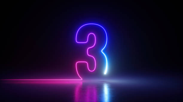 istock 3d render, neon number three glowing in the dark with ultraviolet light, pink blue gradient laser ray 1368433074