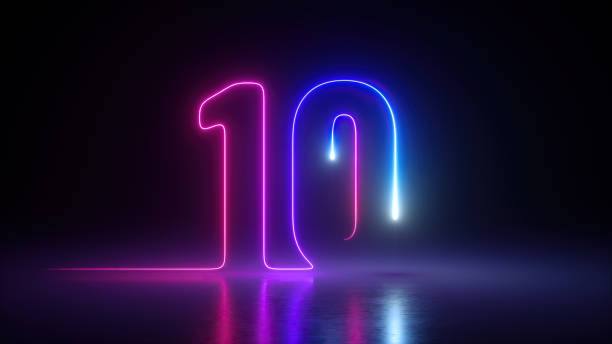 istock 3d render, neon number ten glowing in the dark with ultraviolet light, pink blue gradient laser ray 1368433157
