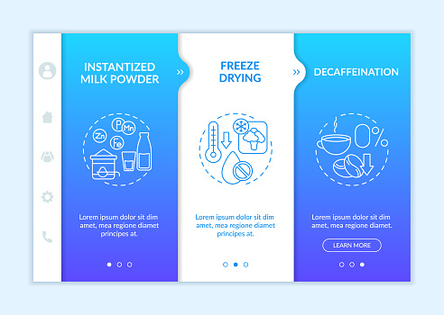 Food technology blue gradient onboarding template. Processing products. Responsive mobile website with linear concept icons. Web page walkthrough 3 step screens. Lato-Bold, Regular fonts used