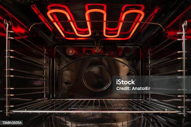 Looking Inside The Black Empty Kitchen Oven There Is A Lattice Shelf And A Red Hot Heating Element Background Stock Photo - Download Image Now