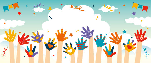 ilustrações de stock, clip art, desenhos animados e ícones de colorful painted hands of little children - kindergarden