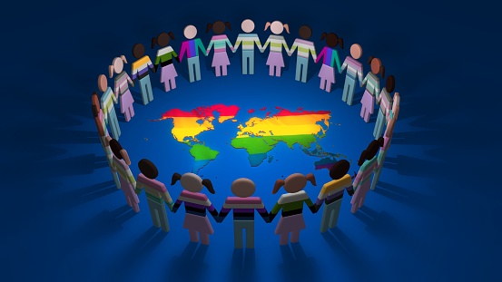 Group of cutout LGBTQ people holding hands together as a connected circle around the world. 3D illustration concept of gay, lesbian, queer, gender and race community. Diversity in sexual orientation