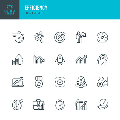 Efficiency - thin line vector icon set. 20 linear icon. Pixel perfect. Editable outline stroke. The set contains icons: Efficiency, Growth, Target, Test Results, Urgency, Stopwatch, Speedometer, Runner, Rocketship, Medal, Brainstorming.