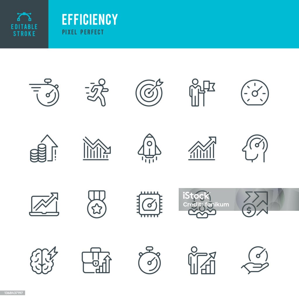 Efficiency - thin line vector icon set. Pixel perfect. Editable stroke. The set contains icons: Efficiency, Growth, Target, Test Results, Urgency, Stopwatch, Speedometer, Runner, Rocketship, Medal. Efficiency - thin line vector icon set. 20 linear icon. Pixel perfect. Editable outline stroke. The set contains icons: Efficiency, Growth, Target, Test Results, Urgency, Stopwatch, Speedometer, Runner, Rocketship, Medal, Brainstorming. Icon stock vector