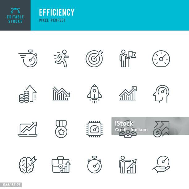 Efficiency Thin Line Vector Icon Set Pixel Perfect Editable Stroke The Set Contains Icons Efficiency Growth Target Test Results Urgency Stopwatch Speedometer Runner Rocketship Medal Stock Illustration - Download Image Now