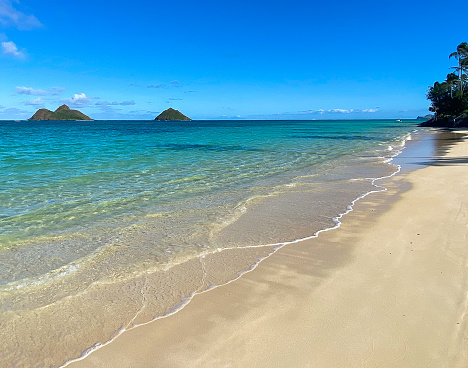 White sand, turquoise water and a view of the Mokulua Islands