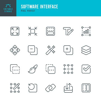 Software Interface - thin line vector icon set. 20 linear icon. Pixel perfect. Editable outline stroke. The set contains icons: Copy, Paste, Move, Check Mark, Magic Wand, Layers, Grid, Text Edit, Grid Edit, Downloading, Paint, Scale, Expand, Recovery, Link.