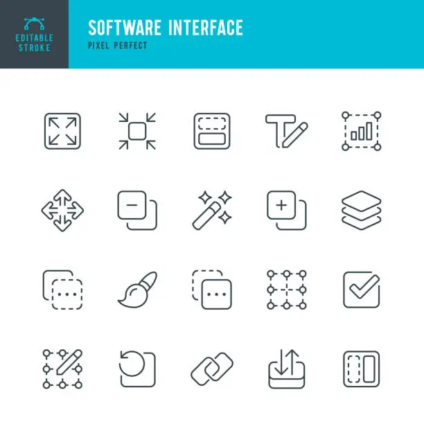 Vector illustration of Software Interface - thin line vector icon set. Pixel perfect. Editable stroke. The set contains icons: Copy, Paste, Move, Check Mark, Magic Wand, Layers, Grid, Text Edit, Recovery, Paint, Expand, Link.