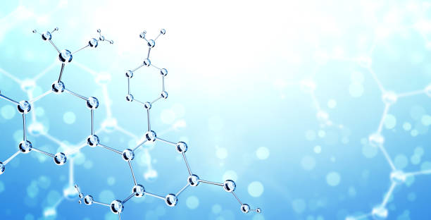 istock Horizontal banner with model of abstract molecular structure. Background of blue color with glass molecule and sparks 1368437409