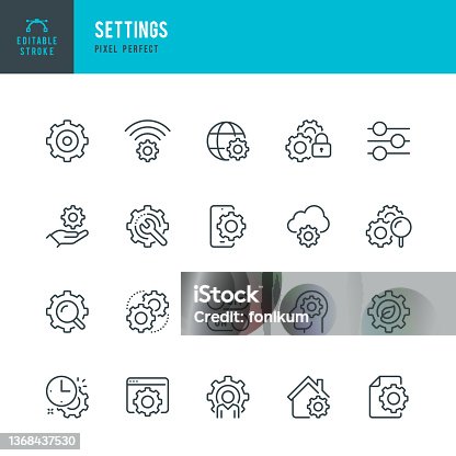 istock Settings - thin line vector icon set. Pixel perfect. Editable stroke. The set contains icons: Gear, Sliding, Repairing, Wrench, Setting, Engineer, Eco Settings, Solution, Personal Settings. 1368437530