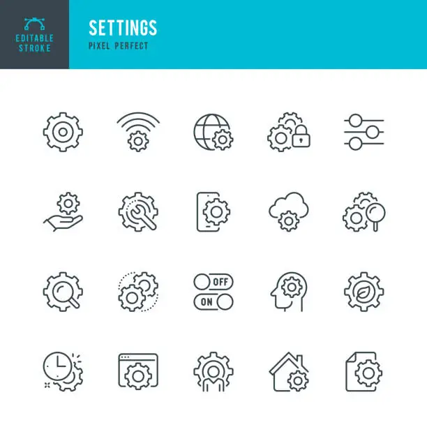 Vector illustration of Settings - thin line vector icon set. Pixel perfect. Editable stroke. The set contains icons: Gear, Sliding, Repairing, Wrench, Setting, Engineer, Eco Settings, Solution, Personal Settings.