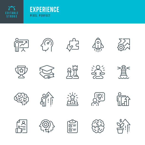 experience - thin line vector icon set. pixel perfect. editable stroke. the set contains icons: education, efficiency, graduation, winners podium, presentation, financial growth, leadership, ideas, brain, rocketship. - düşünüş stock illustrations