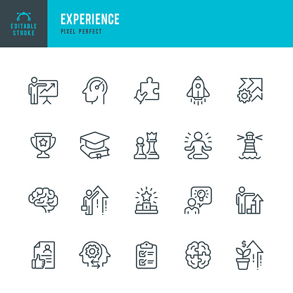 Experience - thin line vector icon set. 20 linear icon. Pixel perfect. Editable outline stroke. The set contains icons: Education, Efficiency, Graduation, Winners Podium, Presentation, Financial Growth, Leadership, Ideas, Sharing Experience, Brain, Rocketship.