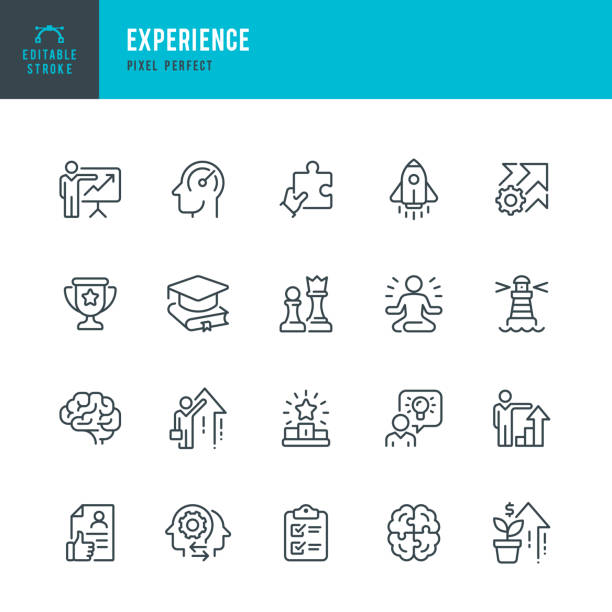 Experience - thin line vector icon set. Pixel perfect. Editable stroke. The set contains icons: Education, Efficiency, Graduation, Winners Podium, Presentation, Financial Growth, Leadership, Ideas, Brain, Rocketship. Experience - thin line vector icon set. 20 linear icon. Pixel perfect. Editable outline stroke. The set contains icons: Education, Efficiency, Graduation, Winners Podium, Presentation, Financial Growth, Leadership, Ideas, Sharing Experience, Brain, Rocketship. growth icons stock illustrations