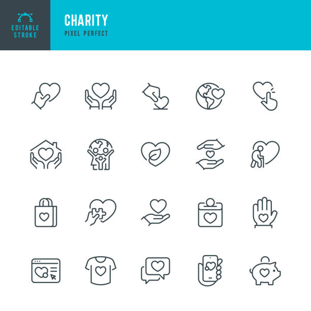 charity - dünne linie vektor-icon-set. pixel perfekt. bearbeitbarer strich. das set enthält symbole: wohltätigkeitsorganisation, wohltätige spende, eine helfende hand, freiwilliger, herzform, spendenbox, fundraising. - zusammenhalt stock-grafiken, -clipart, -cartoons und -symbole