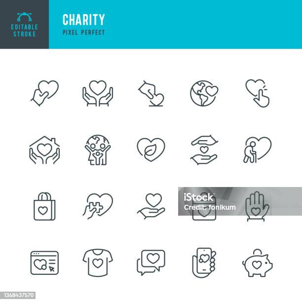 Dobroczynność Zestaw Ikon Wektorowych Cienkiej Linii Piksel Idealny Edytowalny Obrys Zestaw Zawiera Ikony Charity Charitable Donation A Helping Hand Volunteer Heart Shape Donation Box Fundraising - Stockowe grafiki wektorowe i więcej obrazów Ikona