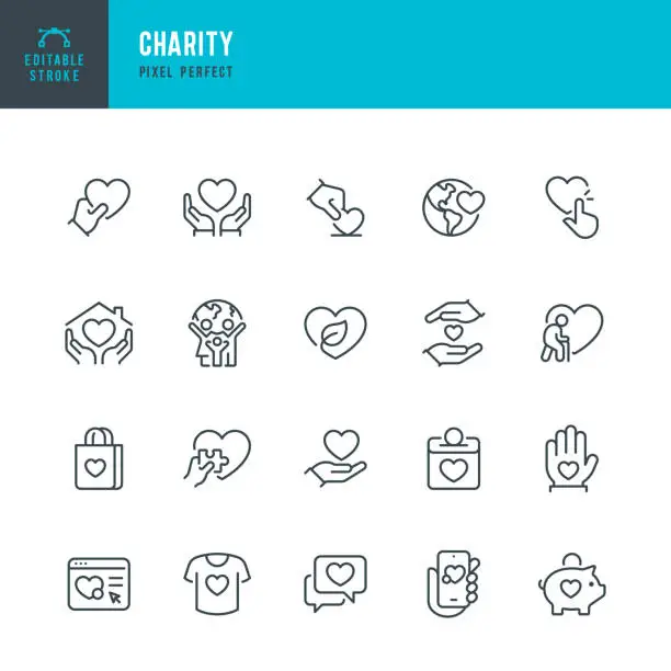 Vector illustration of Charity - thin line vector icon set. Pixel perfect. Editable stroke. The set contains icons: Charity, Charitable Donation, A Helping Hand, Volunteer, Heart Shape, Donation Box, Fundraising.