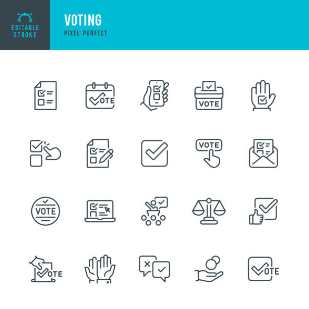 голосование - набор векторных иконок тонкой линии. пиксель идеальный. редактируемая обводка. набор содержит иконки: голосование, бюллетень  - voting interface icons election politics stock illustrations