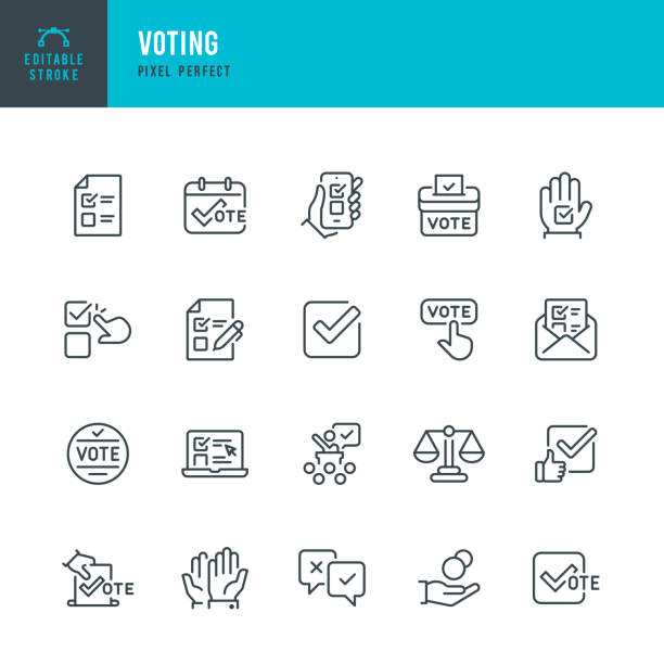 Voting - thin line vector icon set. Pixel perfect. Editable stroke. The set contains icons: Voting, Voting Ballot, Ballot Box, Election, Arms Raised, Electronic Voting, Fundraising, Questionnaire, Debate, Scale. Voting - thin line vector icon set. 20 linear icon. Pixel perfect. Editable outline stroke. The set contains icons: Voting, Voting Ballot, Good Choice, Ballot Box, Election, Arms Raised, Electronic Voting, Fundraising, Questionnaire, Debate, Calendar Date, Scale. checklist stock illustrations