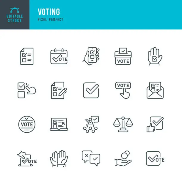 Vector illustration of Voting - thin line vector icon set. Pixel perfect. Editable stroke. The set contains icons: Voting, Voting Ballot, Ballot Box, Election, Arms Raised, Electronic Voting, Fundraising, Questionnaire, Debate, Scale.
