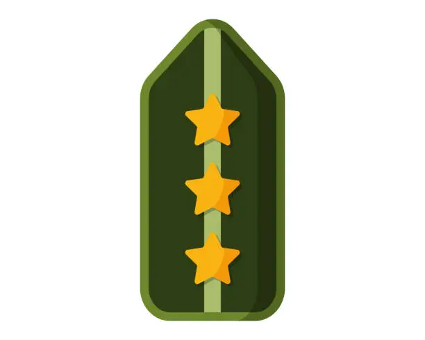 Vector illustration of Green military ranks shoulder badge, army soldier chevron strap, soldier uniform sign with three golden stars.