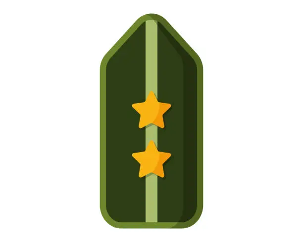 Vector illustration of Green military ranks shoulder badge, army soldier chevron strap, soldier uniform sign with two golden stars.