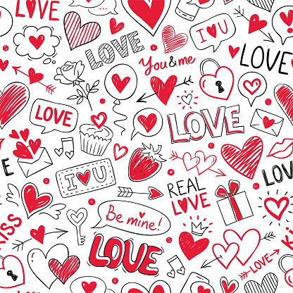 Seamless pattern for Valentine's day. Red and black doodle design elements on a white background