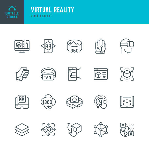 illustrations, cliparts, dessins animés et icônes de réalité virtuelle - jeu d’icônes vectorielles à ligne mince. pixel parfait. contour modifiable. l’ensemble contient des icônes: réalité virtuelle, réalité augmentée, lunettes intelligentes, interactivité, métavers, vue à 360 degrés. - réalité virtuelle