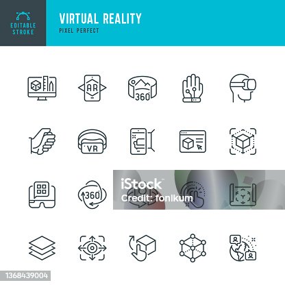 istock Virtual Reality - thin line vector icon set. Pixel perfect. Editable stroke. The set contains icons: Virtual Reality, Augmented Reality, Smart Glasses, Interactivity, Metaverse, 360-Degree View. 1368439004