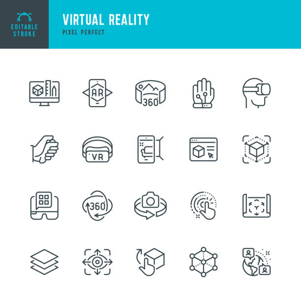 Virtual Reality - thin line vector icon set. Pixel perfect. Editable stroke. The set contains icons: Virtual Reality, Augmented Reality, Smart Glasses, Interactivity, Metaverse, 360-Degree View. Virtual Reality - thin line vector icon set. 20 linear icon. Pixel perfect. Editable outline stroke. The set contains icons: Virtual Reality, Augmented Reality, Smart Glasses, Interactivity, Metaverse, 360-Degree View, Interactive Education. augmented reality stock illustrations