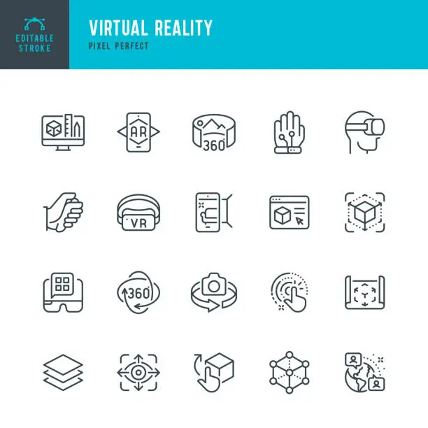 Vector illustration of Virtual Reality - thin line vector icon set. Pixel perfect. Editable stroke. The set contains icons: Virtual Reality, Augmented Reality, Smart Glasses, Interactivity, Metaverse, 360-Degree View.