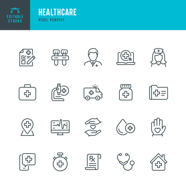 perawatan kesehatan - kumpulan ikon vektor garis tipis. pixel sempurna. stroke yang dapat diedit. set ini berisi ikon: kesehatan dan kedokteran, dokter, telemedicine, ujian medis, elektrokardiografi, pertolongan pertama, ambulans, stetoskop, tangan membant - medis ilustrasi stok