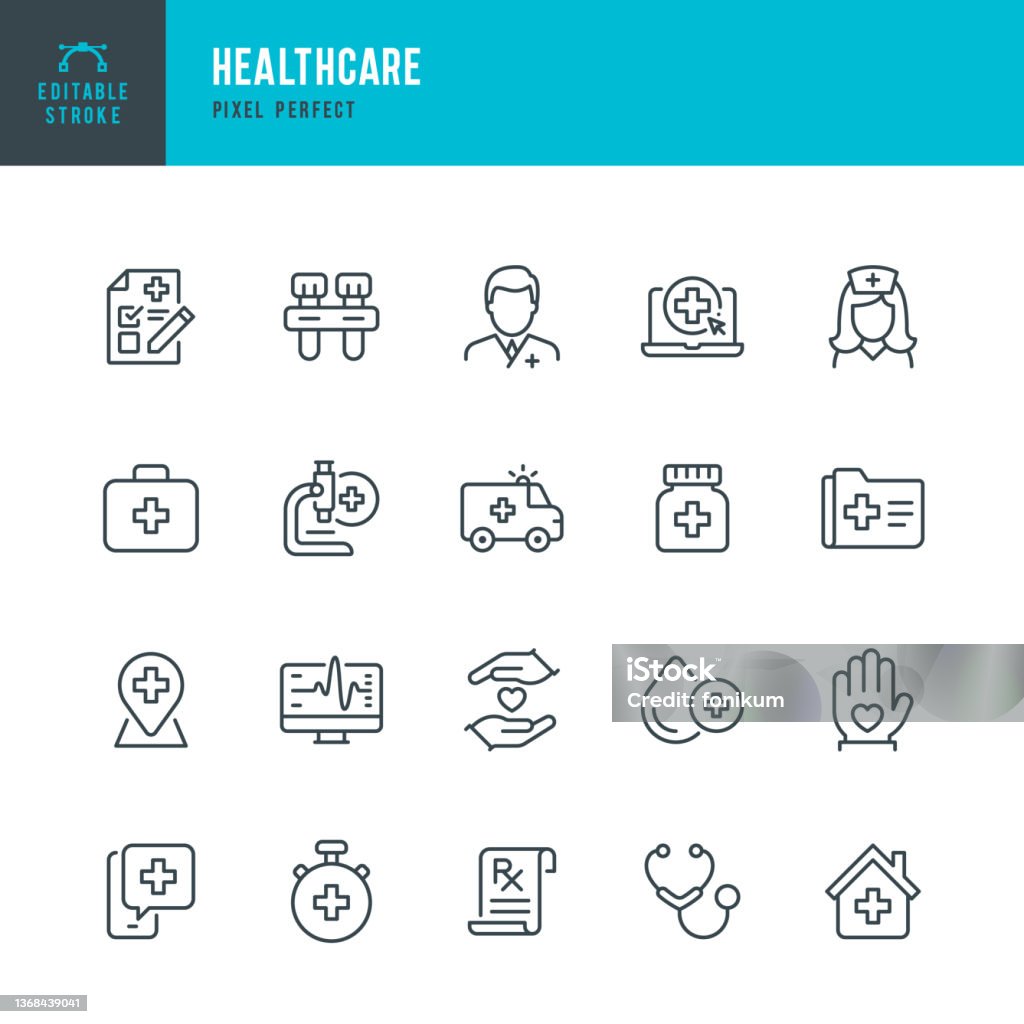 Healthcare - thin line vector icon set. Pixel perfect. Editable stroke. The set contains icons: Healthcare And Medicine, Doctor, Telemedicine, Medical Exam, Electrocardiography, First Aid, Ambulance, Stethoscope, A Helping Hand. Healthcare - thin line vector icon set. 20 linear icon. Pixel perfect. Editable outline stroke. The set contains icons: Healthcare And Medicine, Doctor, Telemedicine, Medical Exam, Electrocardiography, First Aid, Ambulance, Stethoscope, Prescription, A Helping Hand, Test Tube. Icon stock vector