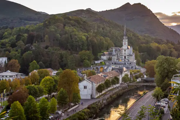 Pilgrimage Center. Sanctuary in Lourdes. Shrine in France. Way of St. James. Notre Dame de Lourdes. Catholic Basilica. Stone church. Saint Bernadette. Nun Bernadette Soubirous.