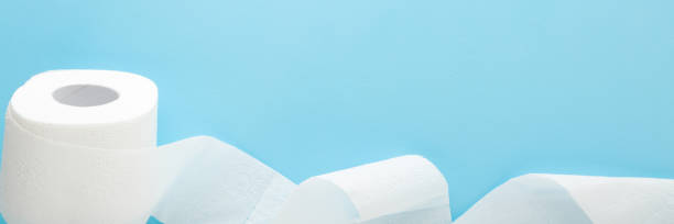 istock Soft, white unrolled toilet paper on light blue table background. Pastel color. Hygiene concept. Empty place for text or logo. Closeup. Wide banner. 1368441656