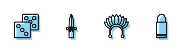 Set line Indian headdress with feathers, Game dice, Dagger and Bullet icon. Vector Set line Indian headdress with feathers, Game dice, Dagger and Bullet icon. Vector. headdress stock illustrations