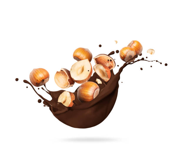istock Hazelnuts in chocolate splashes close-up isolated on white background 1368449107