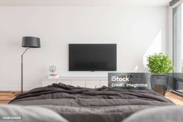 Pov Modern Bedroom With Television Stock Photo - Download Image Now - Television Set, Bedroom, Smart TV